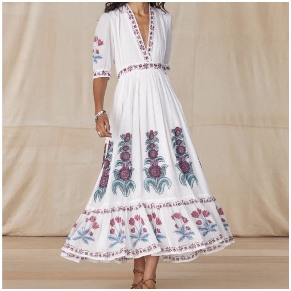 Oliphant Kokoro Block Print Maxi Dress Cotton V-Neck Floral Size M NWT
